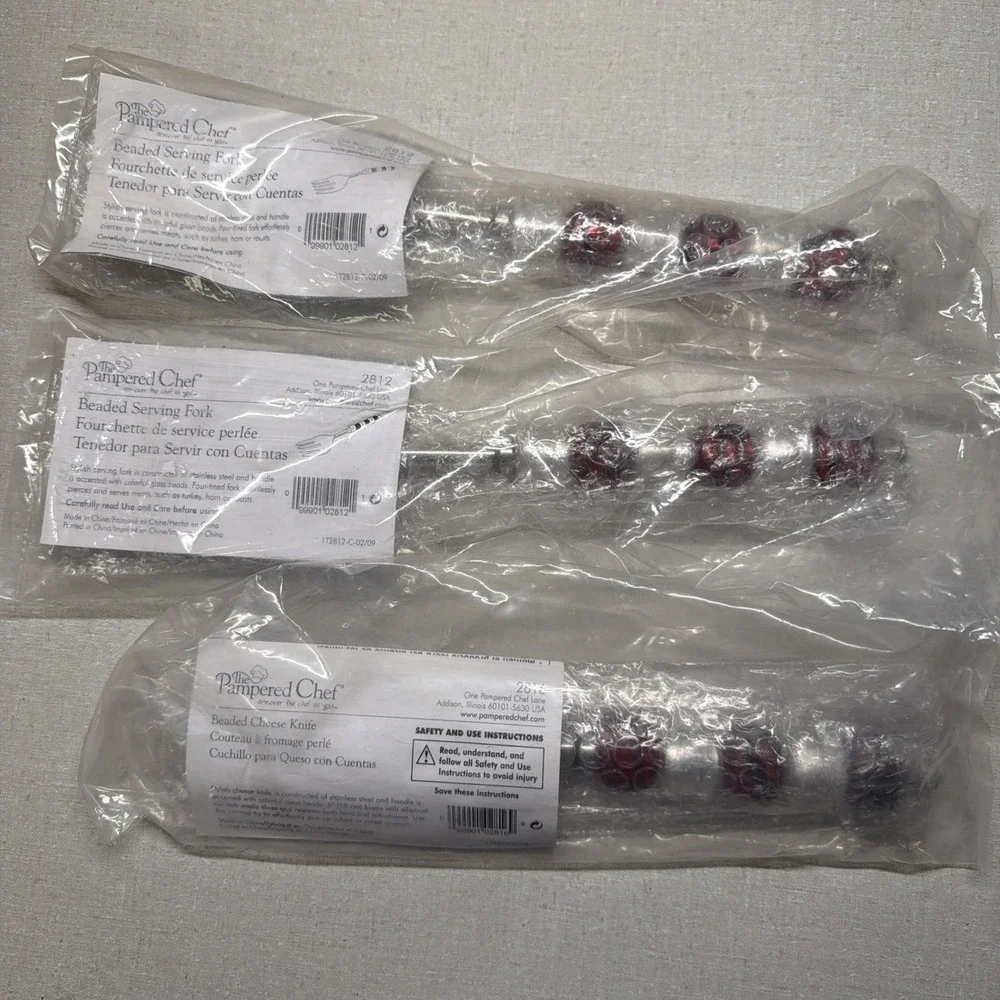Pampered Chef Beaded Serving Set! 3 Piece! Retired! Forks Cheese Knife